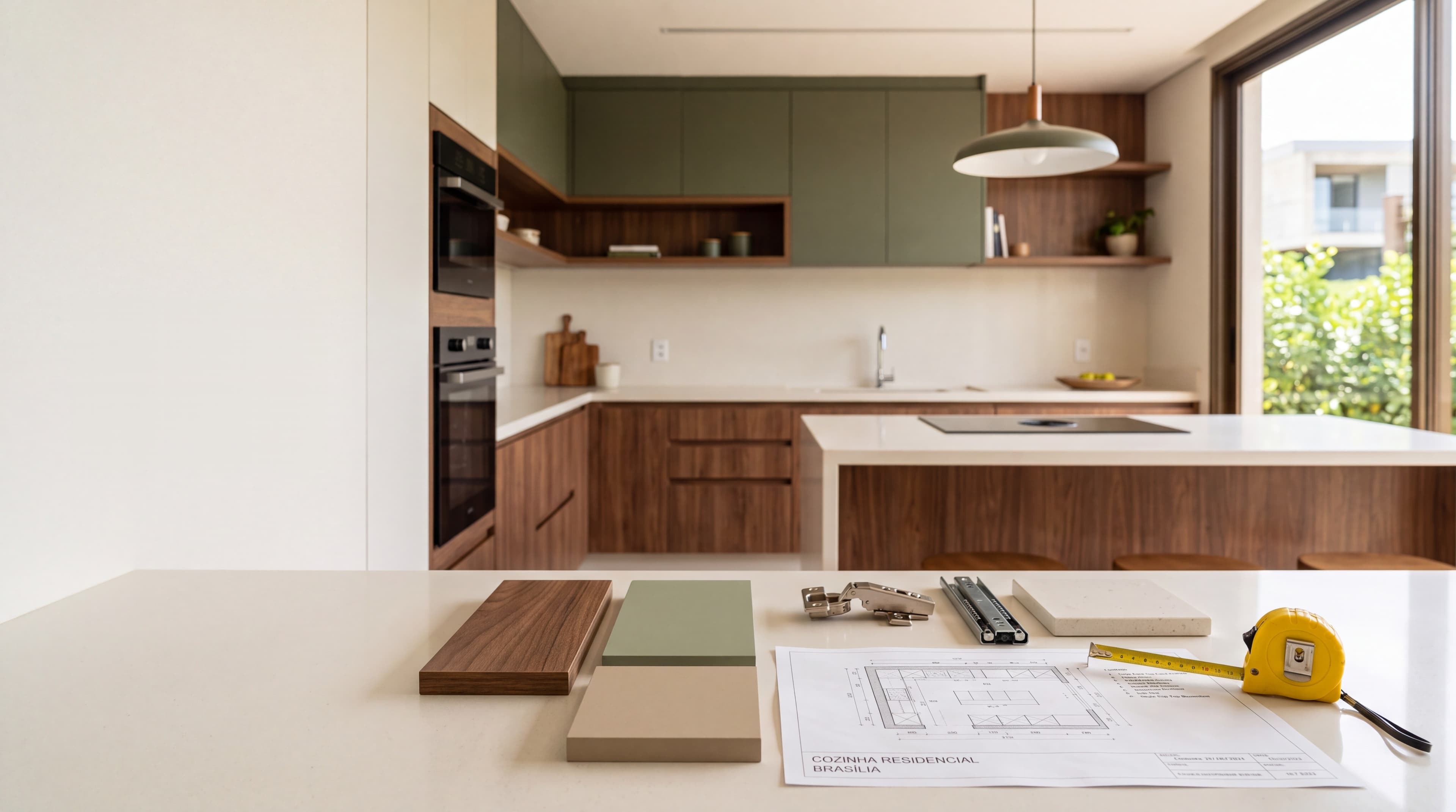 Cozinha planejada em MDF verde oliva com banca branca de mármore.